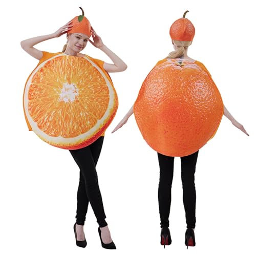 Feclmiyt Halloween-Kostüm für Erwachsene, lustig, ärmellos, Obstscheibe, Cosplay-Kostüm, Gemüseweste mit Hut, Themenparty (Orange, Einheitsgröße) von Feclmiyt