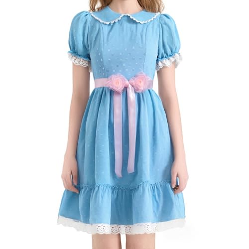 Feclmiyt Halloween-Kostümkleid für Damen, Puffärmel, Fliege, quadratischer Ausschnitt, Babydoll-Kleid, Halloween, Mottoparty, Cosplay, Outfits (B-Himmelblau, XL) von Feclmiyt