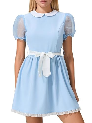 Feclmiyt Halloween-Kostümkleid für Damen, Puffärmel, Fliege, quadratischer Ausschnitt, Babydoll-Kleid, Halloween, Mottoparty, Cosplay, Outfits (C-Gelb, XL) von Feclmiyt