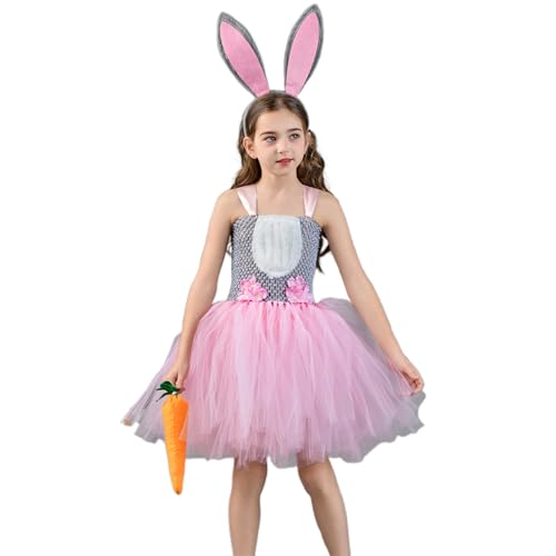 Feclmiyt Hasen-Halloween-Kostüm für Kinder, Mädchen, Biene, Katze, ärmellos, Spitze, Patchwork, Tüll, Minikleid, Tierkostüm mit Stirnband, Cosplay-Outfits (A-1, 8-9 Jahre) von Feclmiyt
