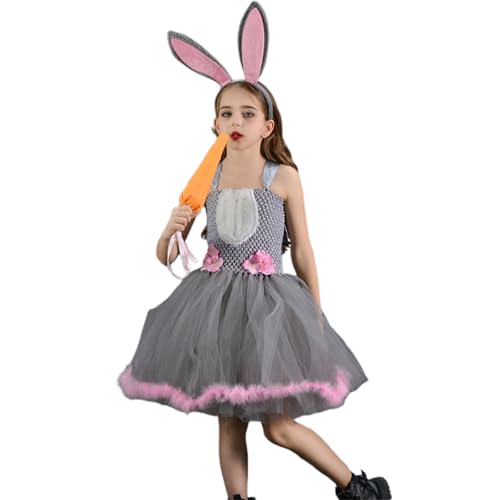 Feclmiyt Hasen-Halloween-Kostüm für Kinder, Mädchen, Biene, Katze, ärmellos, Spitze, Patchwork, Tüll, Minikleid, Tierkostüm mit Stirnband, Cosplay-Outfits (A-2, 2-3T) von Feclmiyt