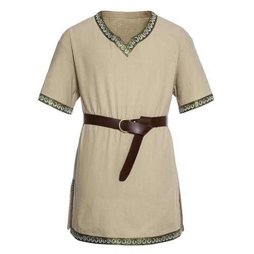 Feclmiyt Mittelalterliches Ritterkostüm für Herren, Renaissance, Pirat, Wikinger, Ritter, kurzärmelig, Tunika, Halloween, Cosplay, Party, Kostüm (A-Khaki, L) von Feclmiyt