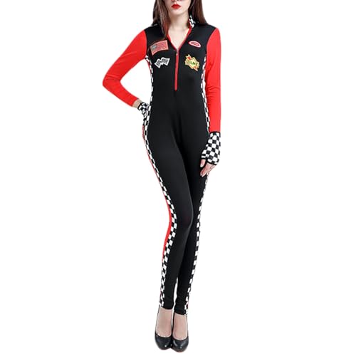 Feclmiyt Racer-Kostüm für Damen, langärmelig, Reißverschluss, Patchwork, Rennfahrer, eng, Overall, Halloween, Mottoparty, Cosplay-Kostüm (A-Schwarz, XL) von Feclmiyt