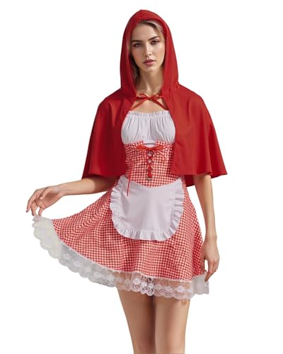 Feclmiyt Rotkäppchen-Kostüm für Damen, Halloween, Puff, kurzärmelig, Mini-Korsett, Tutu-Kleid mit Kapuzenumhang, Cosplay (A-01, L) von Feclmiyt