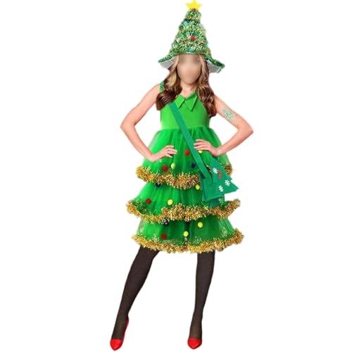 Feclmiyt Weihnachtsbaumkostüme für Damen, Lametta-Besatz, Weihnachtsbaumhut + mehrlagiges Minikleid + Strümpfe + Tasche, 4-teiliges Urlaubsset (Grün, M) von Feclmiyt