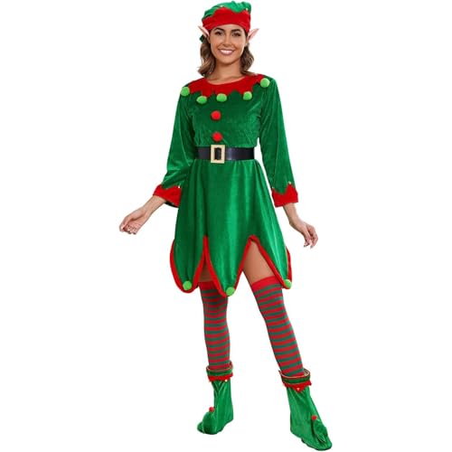 Feclmiyt Weihnachtselfen-Kostüm-Set für Damen, langärmelig, unregelmäßiger Saum, Kleid, Halloween, Weihnachten, Cosplay, Outfits mit Hut (C-Grün, XL) von Feclmiyt