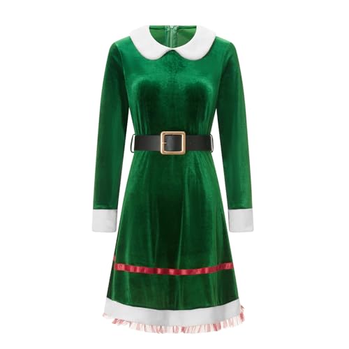 Feclmiyt Weihnachtselfen-Kostüm-Set für Damen, langärmelig, unregelmäßiger Saum, Kleid, Halloween, Weihnachten, Cosplay, Outfits mit Hut (E-Grün, M) von Feclmiyt