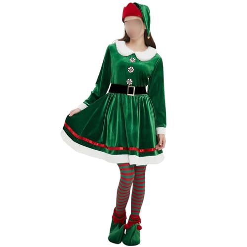 Feclmiyt Weihnachtselfen-Kostüm-Set für Damen, langärmelig, unregelmäßiger Saum, Kleid, Halloween, Weihnachten, Cosplay, Outfits mit Hut (G-Grün, 160) von Feclmiyt