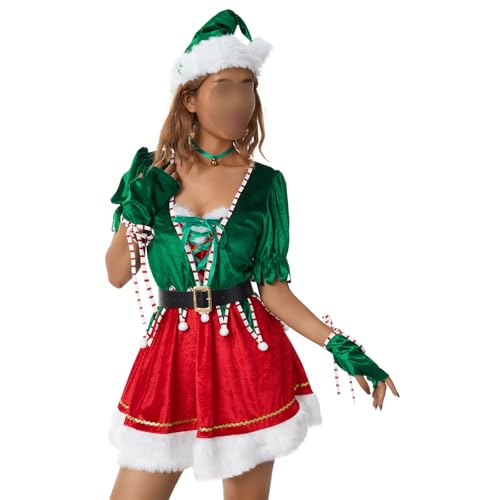Feclmiyt Weihnachtselfen-Kostüm-Set für Damen, langärmelig, unregelmäßiger Saum, Kleid, Halloween, Weihnachten, Cosplay, Outfits mit Hut (J-Dunkelgrün, Größe M) von Feclmiyt