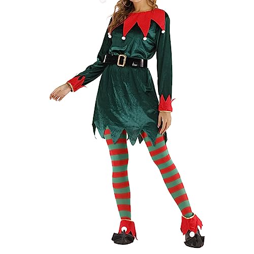 Feclmiyt Weihnachtselfen-Kostüm-Set für Damen, langärmelig, unregelmäßiger Saum, Kleid, Halloween, Weihnachten, Cosplay, Outfits mit Hut (mehrfarbig, L) von Feclmiyt