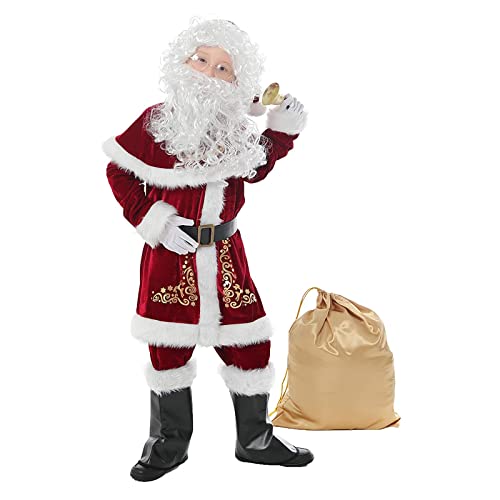 Feclmiyt Weihnachtsmann-Kostüm für Erwachsene/Kinder, Mütze + Schal + Oberteil + Hose + Schuhe + Handschuhe + Taillengürtel, 7-teiliger Weihnachtsmannanzug aus Samt (A-Weinrot, M) von Feclmiyt