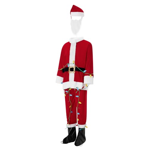 Feclmiyt Weihnachtsmann-Kostüm für Herren, Deluxe-Weihnachtsmann-Anzug, 5-teilig, Flanell, langärmelig, Oberteil, Hose, Stiefel, Hut, Bart, Urlaub, Cosplay-Sets (Rot, L) von Feclmiyt