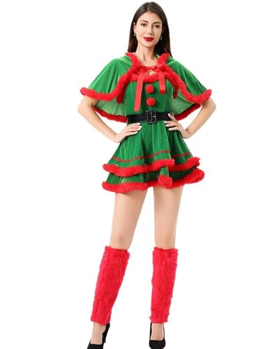 Feclmiyt Weihnachtsmann-Kostüme für Damen, Schlauch-Minikleid, Kapuzenschal, Cami-Kleid mit Gürtel, Set, Halloween, Cosplay, Kostüm-Outfits (A-1, XL) von Feclmiyt