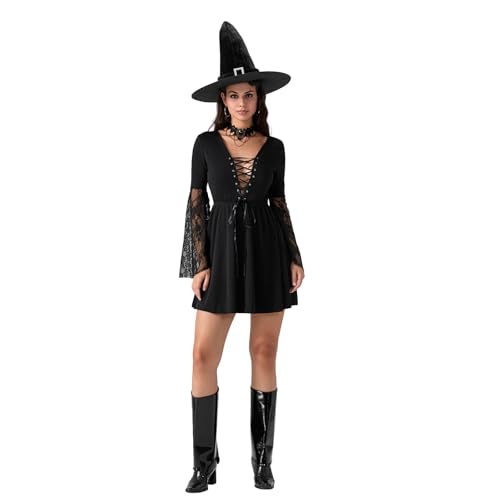 Goth Witch Minikleid mit Hut für Damen, Spitze, ausgestellt, langärmelig, Kreuzbindung, vorne, kurzes A-Linien-Kleid, Halloween, Cosplay-Kleid (A-Schwarz, M) von Feclmiyt