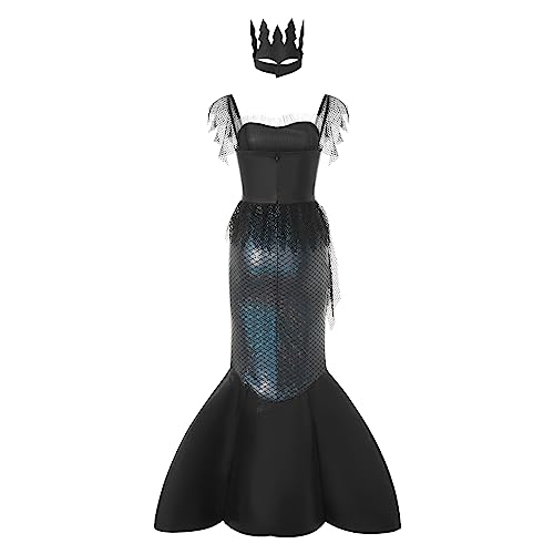 Halloween-Kostüm für Damen, Meerjungfrauen-Kostüm, ausgefallene Pailletten, ärmellos, schmale Passform, Schichtrock, Cosplay, Party, Verkleiden (Schwarz, XXL) von Feclmiyt