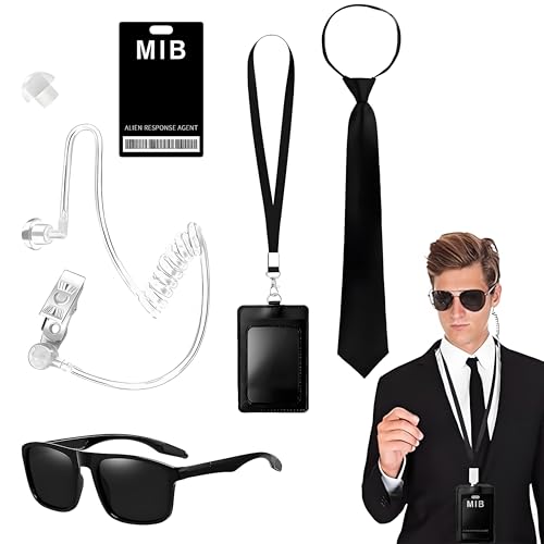 Feegela Agent Kostüm Zubehör Set 5 Pcs MIB Men in Black Kostüm Accessories Set mit Schwarz Sonnenbrille, krawatte, Hörer ID Karte und Kartenhalter, Wachmann Cosplay Kostüm für Männer Frauen Kinder Feegela Agent Kostüm Zubehör Set 5 Pcs MIB Men in Black Kostüm Accessories Set mit Schwarz Sonnenbrille, krawatte, Hörer ID Karte und Kartenhalter, Wachmann Cosplay Kostüm für Männer Frauen Kinder von Feegela