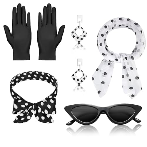 Feegela 5 Stück Rockabilly Accessoires 50er Jahre,Damen Kleid Zubehör 1950s Kostüm Set, mit Chiffon Schal Polka Dot Stirnband Katzen Auge Brille,Kleidung für Motoparty Retro Teily Party (Schwarz) von Feegela