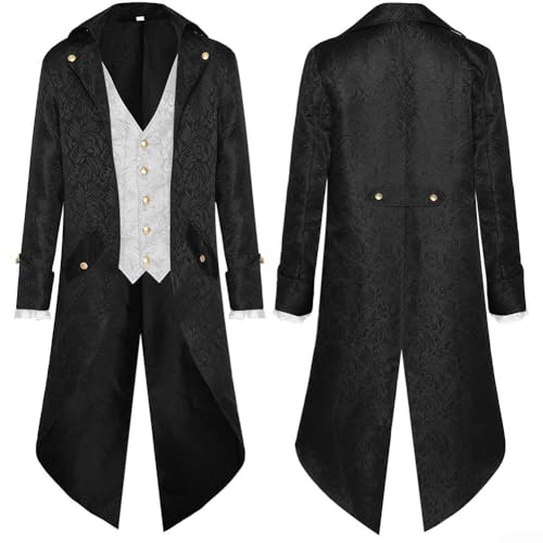 Herren Mittelalter Steampunk Jacke Gothic Frack Mantel,Bestickte Viktorianische Renaissance Retro Mantel, Halloween Piraten Vampir Cosplay Kostüme für Männer(M Weiß) von Feegow