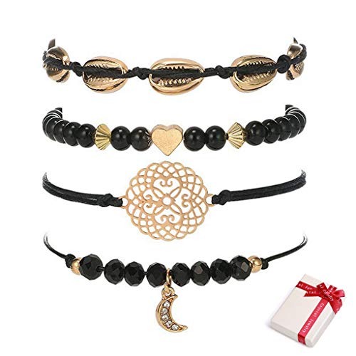 Feelairy 4pcs Armband Lebensblume Herz Armbänder Schmuck Set für Frauen Mädchen, Verstellbare Schale Armreif Schwarz Damen Vintage Mode Persönlichkeit Armband Geschenk für Weihnachten Geburtstag von Feelairy