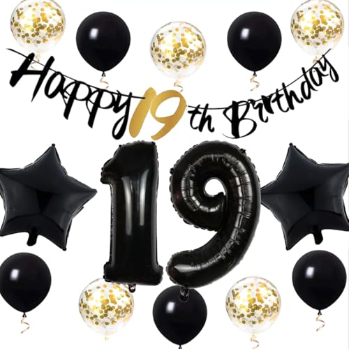Feelairy 19 Geburtstag Deko Junge Mädchen, Geburtstagsdeko 19 Jahre Junge, Luftballon 19. Geburtstag Gold Schwarz Happy 19th Birthday Girlande, Folienballon 19 Geburtstag Deko 19. Geburtstag Mädchen von Feelairy