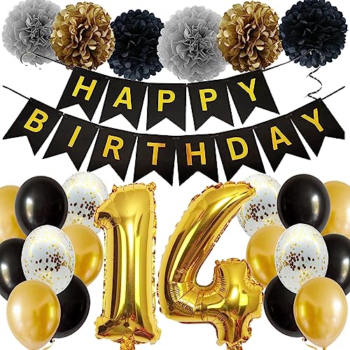 Feelairy Ballons 14. Geburtstag Deko Mädchen, Schwarz Gold Geburtstagsdeko 14 Jahre Junge, Happy Birthday Deko Konfetti Luftballons Deko 14 Geburtstag Mädchen Junge 14 Geburtstag Deko Kinder von Feelairy