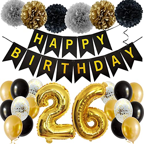 Feelairy Ballons 26. Geburtstag Deko Männer Frauen, Schwarz Gold Geburtstagsdeko 26 Jahre Mann Frau, Happy Birthday Deko Konfetti Luftballons Deko 26 Geburtstag Mann 26 Geburtstag Deko Frauen von Feelairy