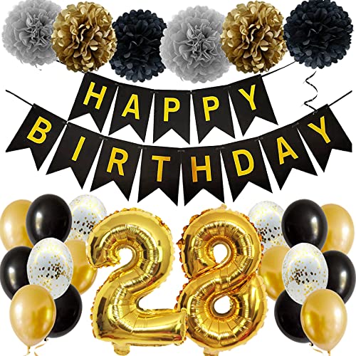 Feelairy Ballons 28. Geburtstag Deko Männer Frauen, Schwarz Gold Geburtstagsdeko 28 Jahre Mann Frau, Happy Birthday Deko Konfetti Luftballons Deko 28 Geburtstag Mann 28 Geburtstag Deko Frauen von Feelairy