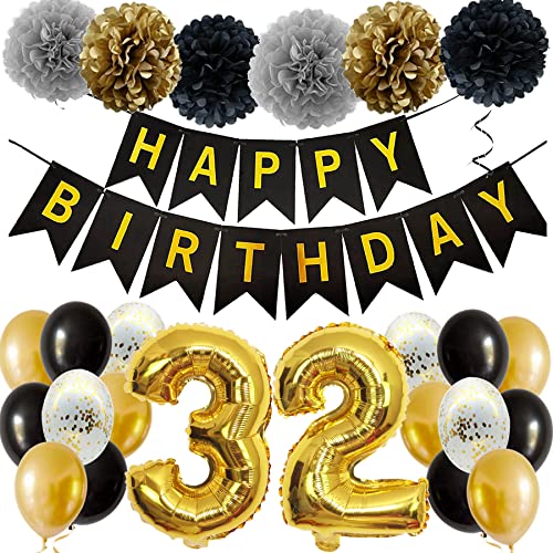 Feelairy Ballons 32. Geburtstag Deko Männer Frauen, Schwarz Gold Geburtstagsdeko 32 Jahre Mann Frau, Happy Birthday Deko Konfetti Luftballons Deko 32 Geburtstag Mann 32 Geburtstag Deko Frauen von Feelairy