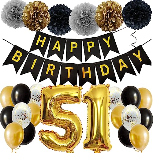Feelairy Ballons 51. Geburtstag Deko Männer Frauen, Schwarz Gold Geburtstagsdeko 51 Jahre Mann Frau, Happy Birthday Deko Konfetti Luftballons Deko 51 Geburtstag Mann 51 Geburtstag Deko Frauen von Feelairy