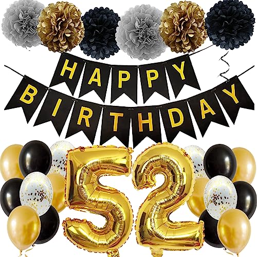 Feelairy Ballons 52. Geburtstag Deko Männer Frauen, Schwarz Gold Geburtstagsdeko 52 Jahre Mann Frau, Happy Birthday Deko Konfetti Luftballons Deko 52 Geburtstag Mann 52 Geburtstag Deko Frauen von Feelairy