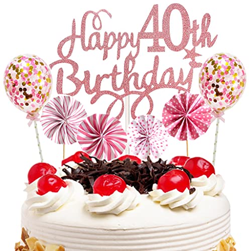 Feelairy Cake Topper Happy Birthday Frau, Glitter Tortendeko Happy 40th Birthday Rosegold, Kuchen Deko Konfetti Luftballons und Papierfächer, Tortenaufsatz für 40. Geburtstag Party Zubehör von Feelairy