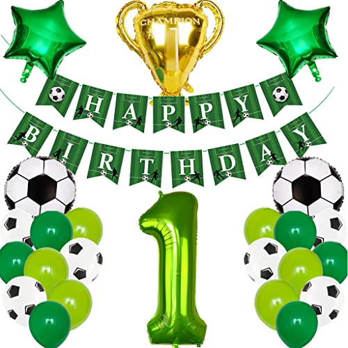 Feelairy Fußball 1. Geburtstag Deko Junge, Fußball Luftballons Geburtstagsdeko 1 Jahre Jungen, Helium Ballon Fussball deko mit Happy Birthday Banner für 1 Jahre Kindergeburtstag Party Deko von Feelairy