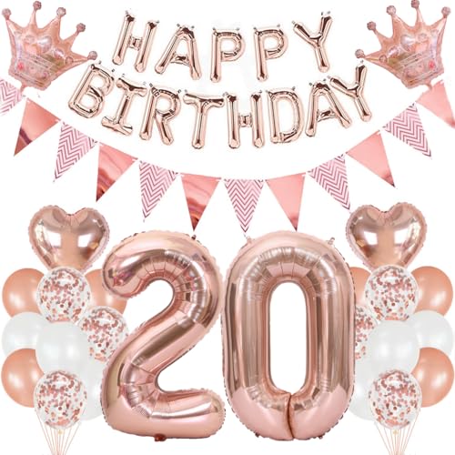 Feelairy Geburtstagsdeko 20 Jahre Frau, Luftballon 20. Geburtstag Deko Frauen, Folienballon Zahl 20 Rosegold, Helium Ballons Happy Birthday Banner, Ballon 20 Deko zum Geburtstag Frauen Party Deko von Feelairy