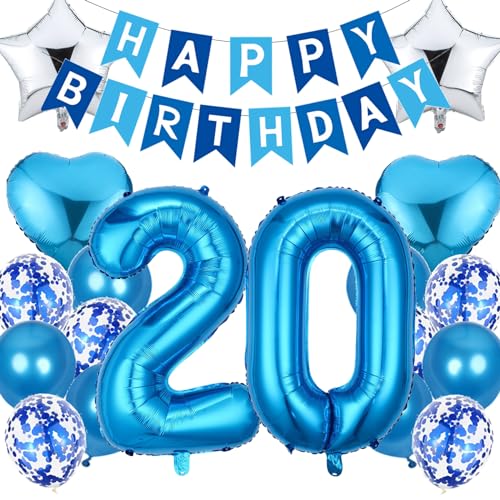 Feelairy Geburtstagsdeko 20 Jahre Junge, Luftballon 20. Geburtstag Deko Junge, Happy Birthday Deko Folienballon 20 Jahre Geburtstag Junge, Blau Ballon 20. Geburtstag Kinder Party Dekoration Set von Feelairy