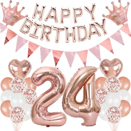 Feelairy Geburtstagsdeko 24 Jahre Frau, Luftballon 24. Geburtstag Deko Frauen, Folienballon Zahl 24 Rosegold, Helium Ballons Happy Birthday Banner, Ballon 24 Deko zum Geburtstag Frauen Party Deko von Feelairy