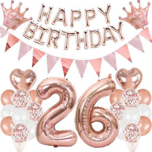 Feelairy Geburtstagsdeko 26 Jahre Frau, Luftballon 26. Geburtstag Deko Frauen, Folienballon Zahl 26 Rosegold, Helium Ballons Happy Birthday Banner, Ballon 26 Deko zum Geburtstag Frauen Party Deko von Feelairy