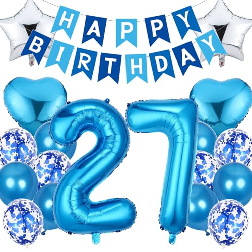 Feelairy Geburtstagsdeko 27 Jahre Mann, Luftballon 27. Geburtstag Deko Männer, Happy Birthday Deko Folienballon 27 Jahre Geburtstag Männer, Blau Ballon 27. Geburtstag Mann Party Dekoration Set von Feelairy