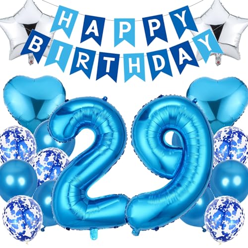Feelairy Geburtstagsdeko 29 Jahre Mann, Luftballon 29. Geburtstag Deko Männer, Happy Birthday Deko Folienballon 29 Jahre Geburtstag Männer, Blau Ballon 29. Geburtstag Mann Party Dekoration Set von Feelairy