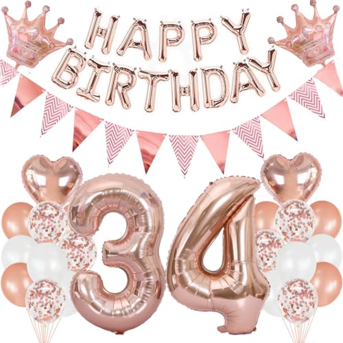 Feelairy Geburtstagsdeko 34 Jahre Frau, Luftballon 34. Geburtstag Deko Frauen, Folienballon Zahl 34 Rosegold, Helium Ballons Happy Birthday Banner, Ballon 34 Deko zum Geburtstag Frauen Party Deko von Feelairy