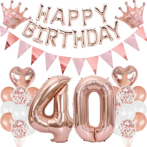 Feelairy Geburtstagsdeko 40 Jahre Frau, Luftballon 40. Geburtstag Deko Frauen, Folienballon Zahl 40 Rosegold, Helium Ballons Happy Birthday Banner, Ballon 40 Deko zum Geburtstag Frauen Party Deko von Feelairy