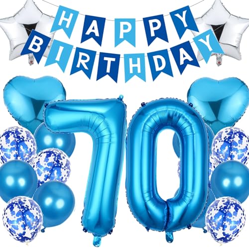 Feelairy Geburtstagsdeko 70 Jahre Mann, Luftballon 70. Geburtstag Deko Männer, Happy Birthday Deko Folienballon 70 Jahre Geburtstag Männer, Blau Ballon 70. Geburtstag Mann Party Dekoration Set von Feelairy