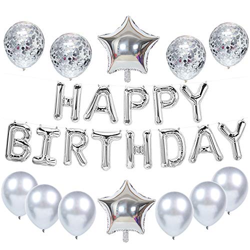 Feelairy Geburtstagsdeko Silber Geburtstag Party Dekoration Set, Happy Birthday Girlande Ballons Luftballon Konfetti in Silber, Geburtstag Partydeko für Junge Mädchen Männer Frauen von Feelairy
