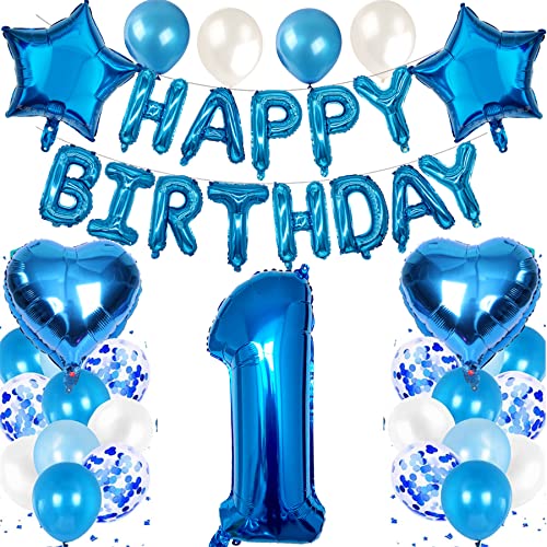 Feelairy Luftballon 1. Geburtstag Deko Baby Junge Set, Blau Geburtstagsdeko 1 Jahre Junge, Folienballon Zahl 1 Blau, Luftballons Happy Birthday Banner Girlande, Ballon 1 Deko zum Geburtstag von Feelairy
