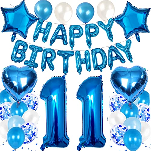 Feelairy Luftballon 11. Geburtstag Deko Junge Set, Blau Geburtstagsdeko 11 Jahre Junge, Folienballon Zahl 11 Blau, Luftballons Happy Birthday Banner Girlande, Ballon 11 Deko zum Geburtstag Kinder von Feelairy