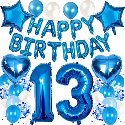 Feelairy Luftballon 13. Geburtstag Deko Junge Set, Blau Geburtstagsdeko 13 Jahre Junge, Folienballon Zahl 13 Blau, Luftballons Happy Birthday Banner Girlande, Ballon 13 Deko zum Geburtstag Kinder von Feelairy