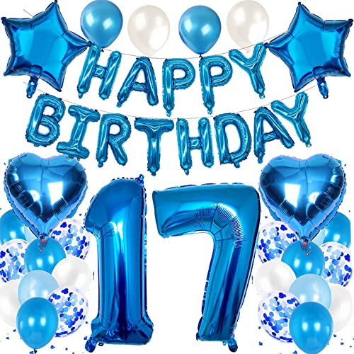 Feelairy Luftballon 17. Geburtstag Deko Junge Set, Blau Geburtstagsdeko 17 Jahre Junge, Folienballon Zahl 17 Blau, Luftballons Happy Birthday Banner Girlande, Ballon 17 Deko zum Geburtstag Kinder von Feelairy
