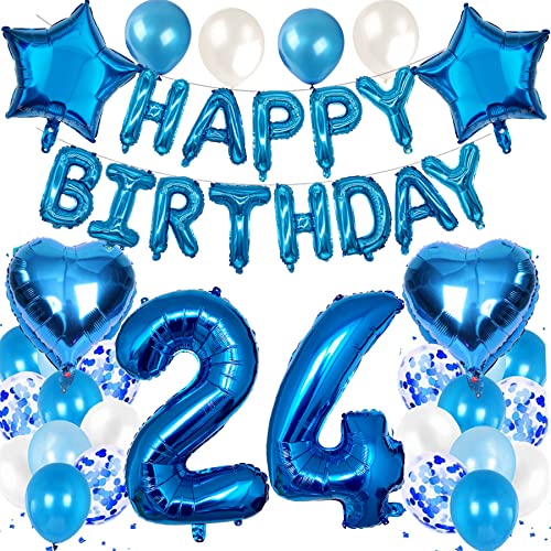 Feelairy Luftballon 24. Geburtstag Deko Männer Set, Blau Geburtstagsdeko 24 Jahre Mann, Folienballon Zahl 24 Blau, Luftballons Happy Birthday Banner Girlande, Ballon 24 Deko zum Geburtstag Mann von Feelairy