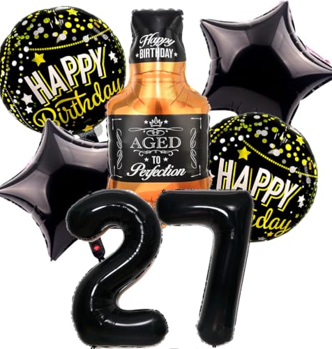 Feelairy Luftballon 27. Geburtstag Mann, 27 Geburtstag Deko Schwarz Ballons Whiskey Deko 27. Geburtstag Frauen, Geburtstagsdeko 27 Jahre Männer, Ballon Weinflasche Deko zum Geburtstag Frau 27 von Feelairy