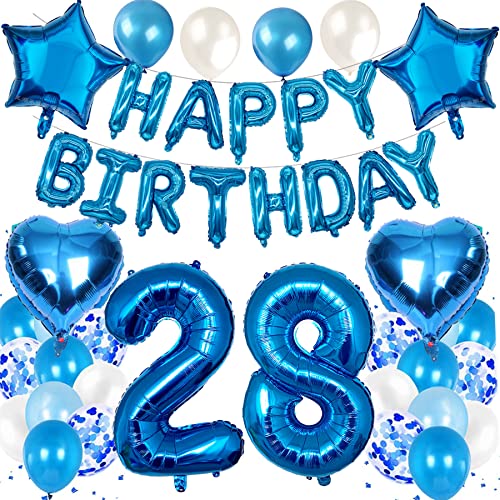 Feelairy Luftballon 28. Geburtstag Deko Männer Set, Blau Geburtstagsdeko 28 Jahre Mann, Folienballon Zahl 28 Blau, Luftballons Happy Birthday Banner Girlande, Ballon 28 Deko zum Geburtstag Mann von Feelairy