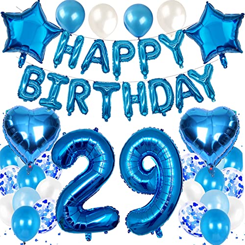 Feelairy Luftballon 29. Geburtstag Deko Männer Set, Blau Geburtstagsdeko 29 Jahre Mann, Folienballon Zahl 29 Blau, Luftballons Happy Birthday Banner Girlande, Ballon 29 Deko zum Geburtstag Mann von Feelairy